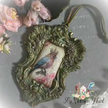 Load image into Gallery viewer, Crowned bird perched among pink roses in Ornate Green Frame Ornament by My Victorian Heart
