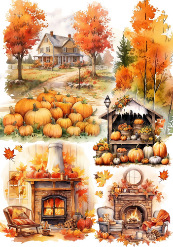 Autumn Chimney Rice Paper by European Excellency, Cozy Fall Fireside, Pumpkin Patch, Trees