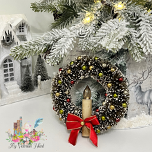 Load image into Gallery viewer, Bottlebrush Christmas Wreath with Candle, Ornaments, Lights Up