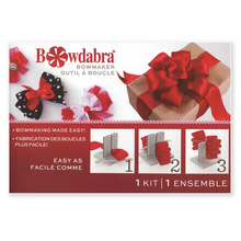 Load image into Gallery viewer, Bowdabria Bowmaker Bow displaying varied size bows plus 3 step bowmaking process photos