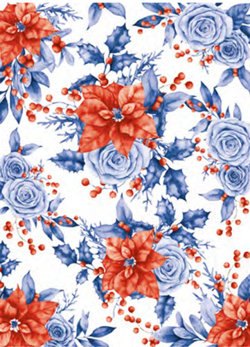 Red and Blue Christmas Poinsettias and Roses Rice Paper by Calambour Italy, TCR201