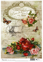 Load image into Gallery viewer, Eau de Cologne Decoupage Rice Paper by Calambour Italy, Roses, Script, Teapot