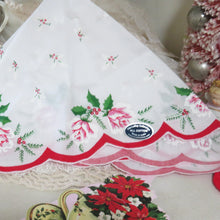 Load image into Gallery viewer, Pink Roses and Holly Gift Hanky in Poinsettia Teacup Basket Card by Luray
