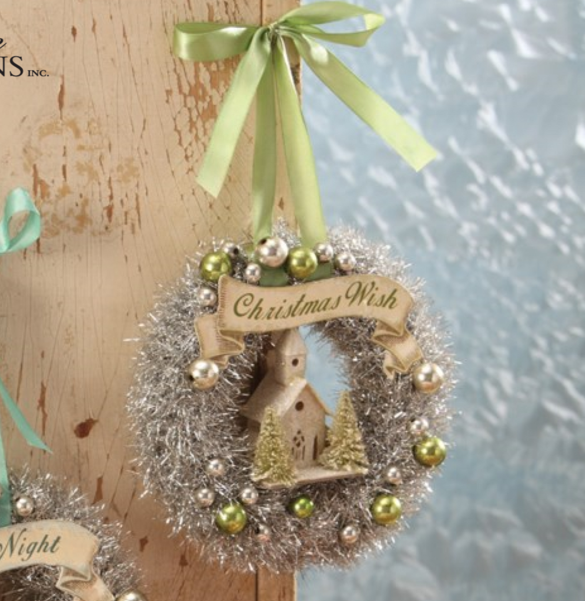 Bethany Lowe Pastel Tinsel Wreath with Church, Trees, Color