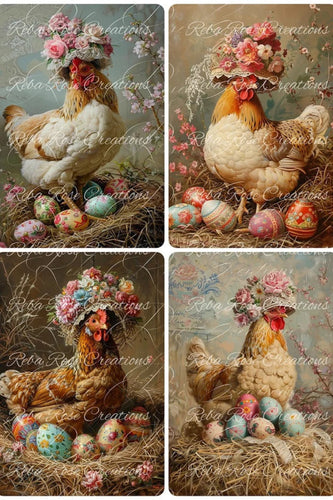 Floral Bonnet Hens Rice Paper by Reba Rose Creations