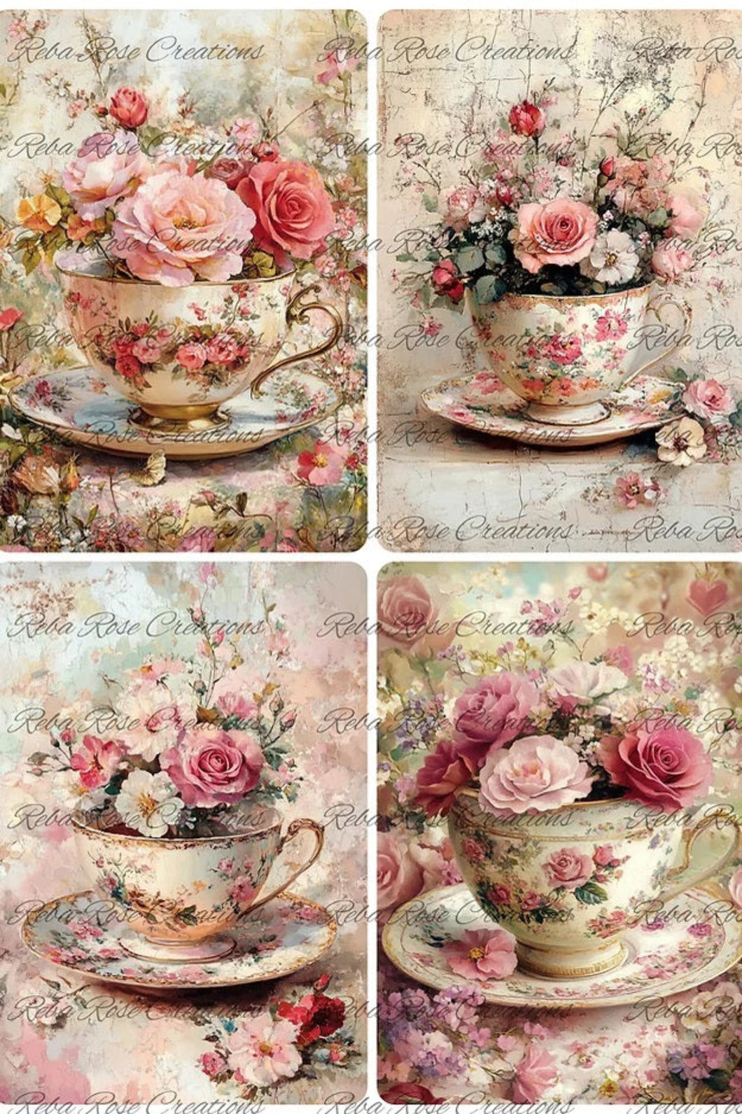 Flowered Teacups Rice Paper by Reba Rose Creations