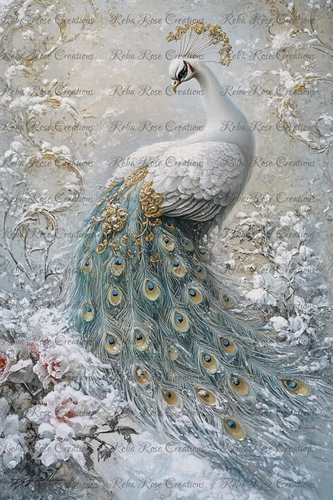 Winter White Peacock Rice Paper by Reba Rose Creations