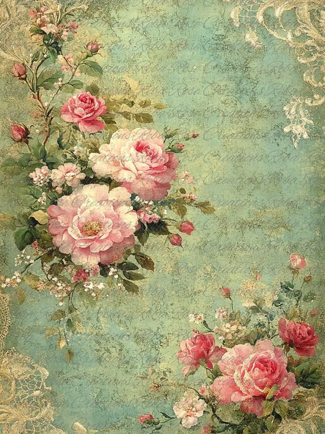 Spray of Roses Green Rice Paper by Reba Rose Creations
