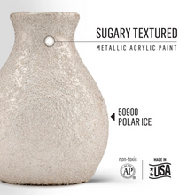 Load image into Gallery viewer, Vase with sugary textured finish labeled 'Polar Ice' and 'Made in USA'.