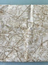 Load image into Gallery viewer, Close Up view of Paris Flea Market Fabric Cream Parchment by 3 Sisters Moda of old Paris France Map design