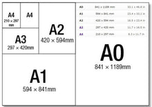 Load image into Gallery viewer, Chart showing various industry standard rice paper size dimensions including A0, A1, A2, A3, and A4.