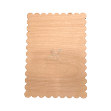 Load image into Gallery viewer, A rectangular wooden board or blank craft base with a scalloped edge, showing a light natural wood grain texture, centered on a plain white background.