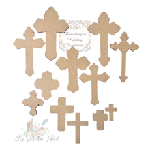Load image into Gallery viewer, Set of 12 quality made, laser cut, blank MDF crosses in varied styles for decoupage, painting.