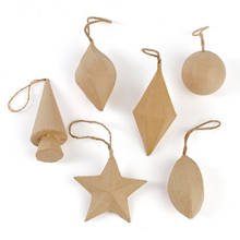 Load image into Gallery viewer, Six natural wood Christmas ornaments in different shapes, including a star, tree, teardrop, diamond, sphere, and leaf, hanging from twine loops on a white background.