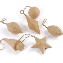 Load image into Gallery viewer, Six natural wood geometric hanging ornaments in shapes of a sphere, diamond, teardrop, leaf, cone, and star, each with a small twine loop, arranged on a white background.