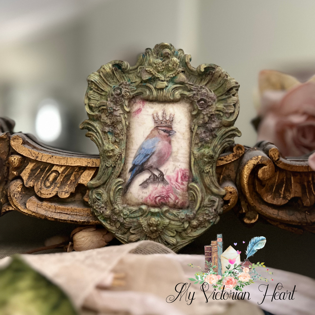 Crowned Bird Art Decor Frame with Antiqued Moss Green Finish