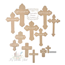 Load image into Gallery viewer, Set of 12 MDF laser cut varied style blank crosses with measurements noted on each one for 
