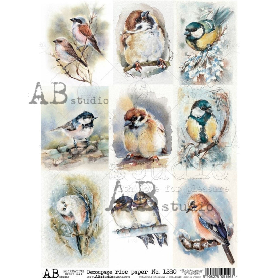 9 Pack Watercolor Birds Rice Paper 1280 by ABstudio, A4