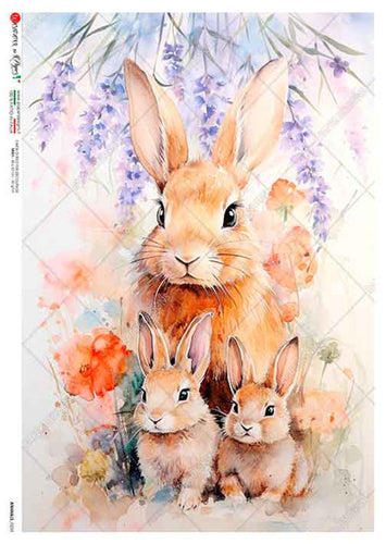 Animals 0233 Paper Designs Washipaper, Lavender Floral Bunny Family