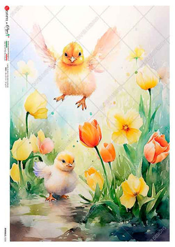 Animals 0236 Paper Designs Washipaper, Flying Chick with Tulips