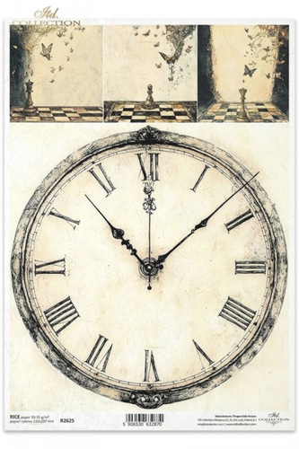 Alice's Magic Journey in Time II Rice Paper by ITD Collection, Aged Large Clock and Chess Boards