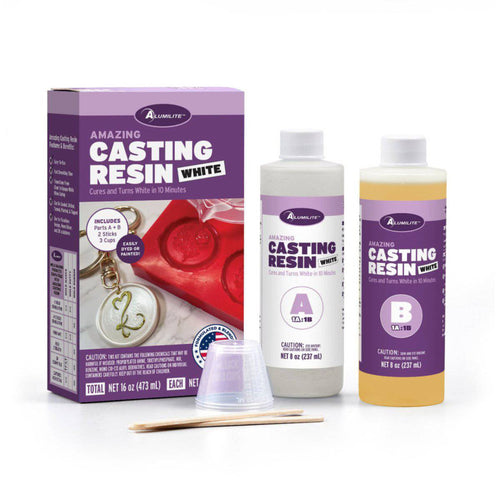 Alliblute Amazing Casting Resin White set with packaging, resin bottles, and mixing sticks on a white background
