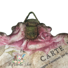 Load image into Gallery viewer, Closeup view of antiqued mossy hardware hanger on back of Crowned Bird Art Decor Frame