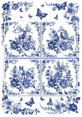 Blue Forest Animals Rice Paper by European Excellency, Blue Toile, Deer, Fox