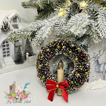 Load image into Gallery viewer, Bottlebrush Christmas Wreath with Candle, Ornaments, Lights Up 