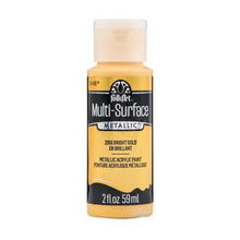 Load image into Gallery viewer, A bottle of FolkArt Multi-Surface Metallic acrylic paint in the shade 2966 Bright Gold, featuring a gold label with black and white text on a white background.