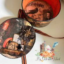 Load image into Gallery viewer, Decoupaged and painted The Raven Halloween-themed paper mache box with Edgar Allen Poe, scrapbook embellishments and ribbon.