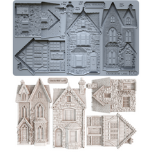 Load image into Gallery viewer, A set of miniature Victorian house templates and roof designs shown both assembled in gray and as unfolded paper/cardboard components on a white background. The text 'CHARLIE BAY LOND' and '10D' are visible on the gray assembled sheet.