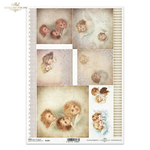 Sheet of cherub angel-themed paper with lace elements on a antiqued background R1281 by ITD Collection