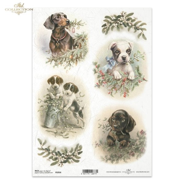 Holiday Puppies Rice Paper by ITD Collection, Christmas Holly Mistletoe, Dogs