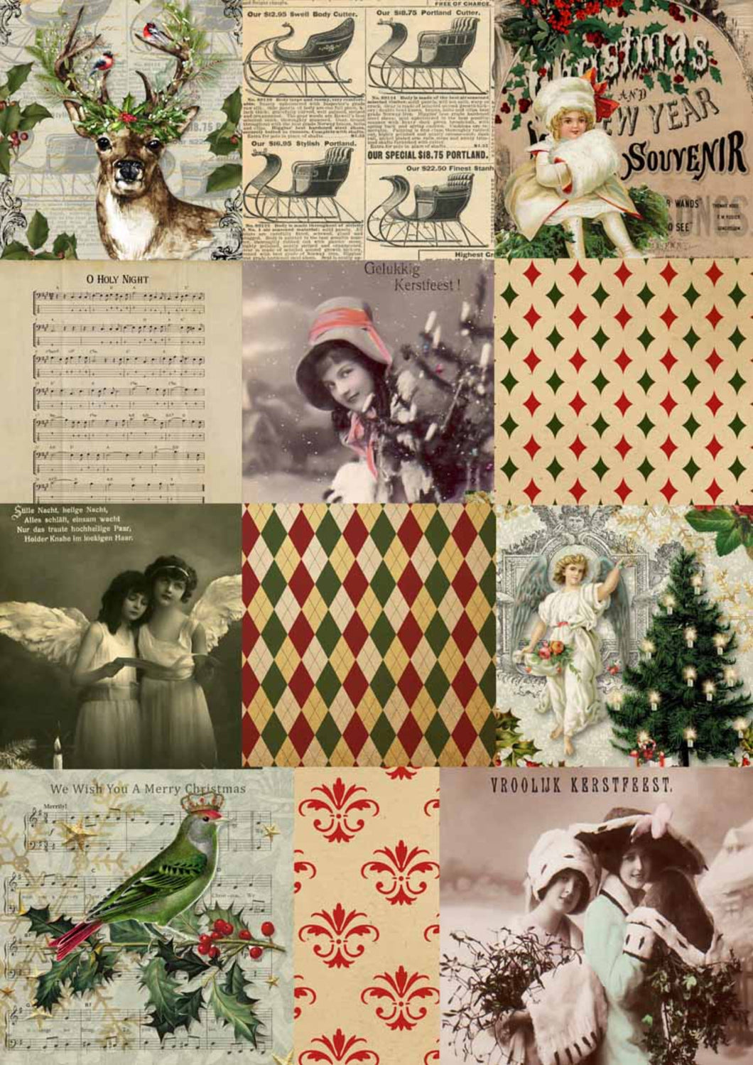 Christmas Squares Rice Paper by Decoupage Queen, Victorian Vintage Christmas Postcard images, A4
