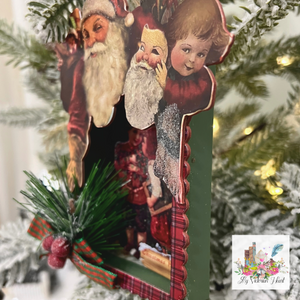 Victorian Santa Shadowbox Ornament Plaid Trim, Side view
