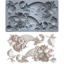 Load image into Gallery viewer, A 10D cornucopia mold shown in gray with its corresponding white 3D molded sample, featuring detailed floral, leaf, and pomegranate motifs on a white background.