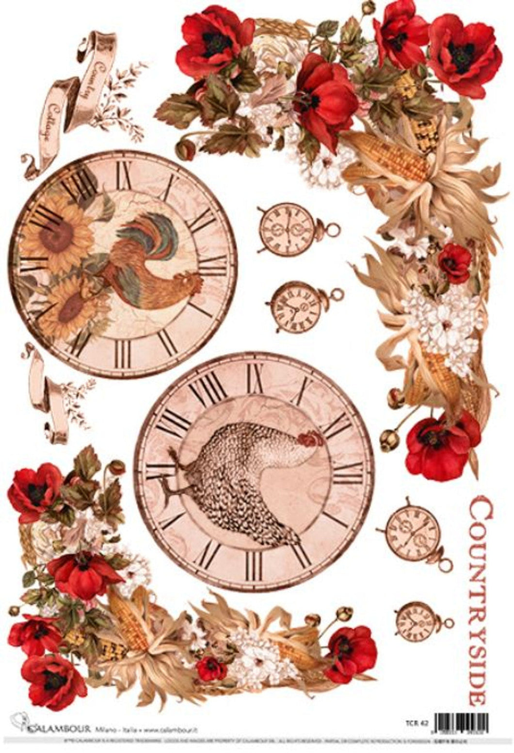 Countryside Poppies and Roosters Decoupage Rice Paper by Calambour Italy, TCR042