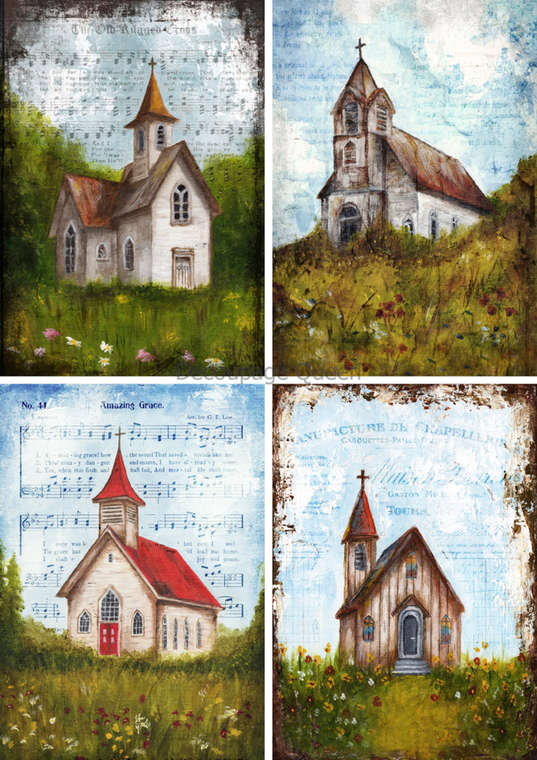 Teresa Rene Art - The Four Churches Rice Paper by Decoupage Queen