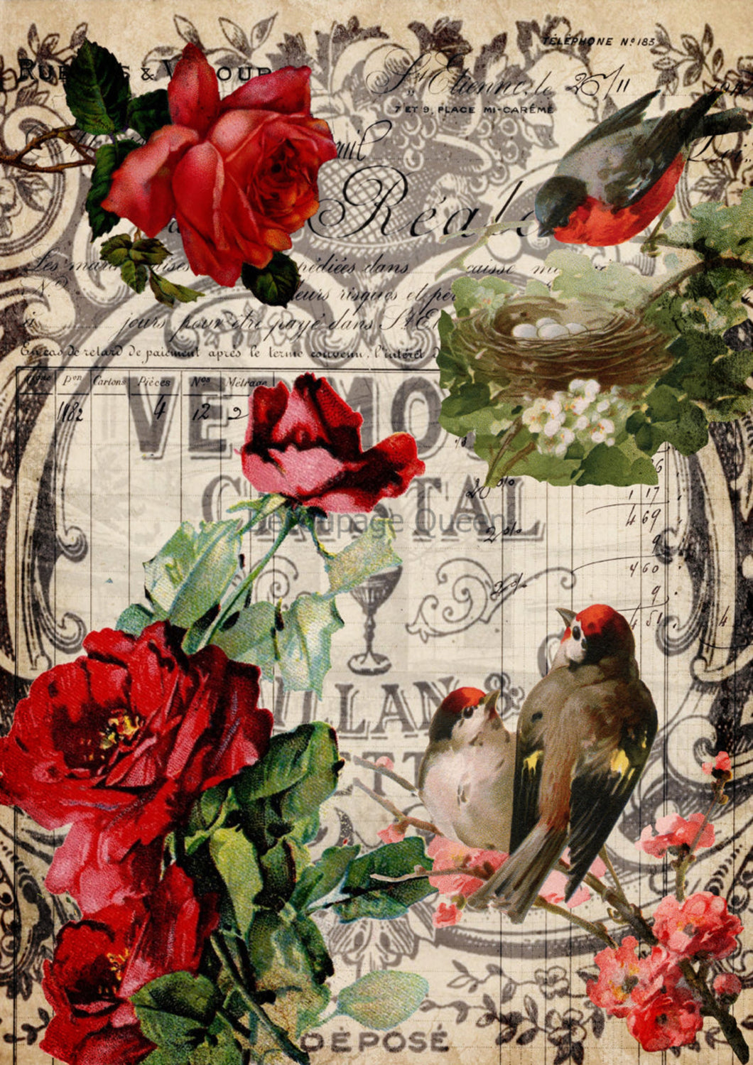 Red Roses and Birds Rice Paper by Decoupage Queen