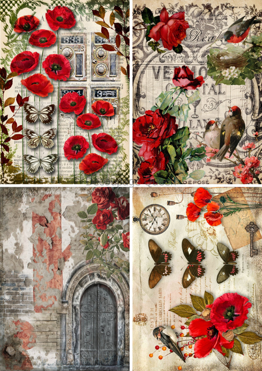 Roses and Poppies 4 Pack Rice Paper by Decoupage Queen