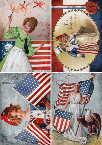 Fourth of July Four Pack Vellum Paper by Decoupage Queen, Victorian 4th of July Postcard images