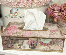 Load image into Gallery viewer, MDF Tissue Box Cover decoupaged with Duchess of Shabby and Coach House Cottage Rice Papers with roses, vintage elements.