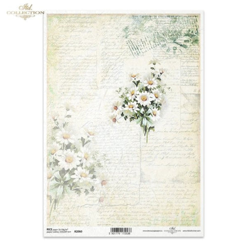 Daisy Bouquets on Antique Script Rice Paper by ITD Collection, A4, R2060