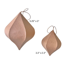 Load image into Gallery viewer, Two six sided paper mache ornaments in shown on a white background with size text labels: one 5.25 x 3 inches and one 3.3" x 2.3".