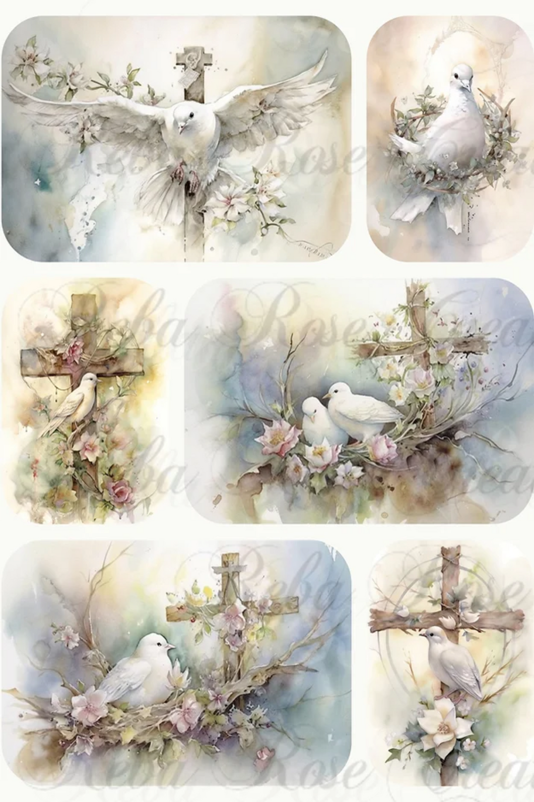 Doves and Crosses Rice Paper by Reba Rose Creations