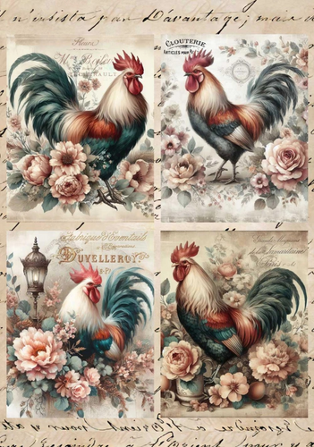 Roosters in Flowers Rice Paper by European Excellency