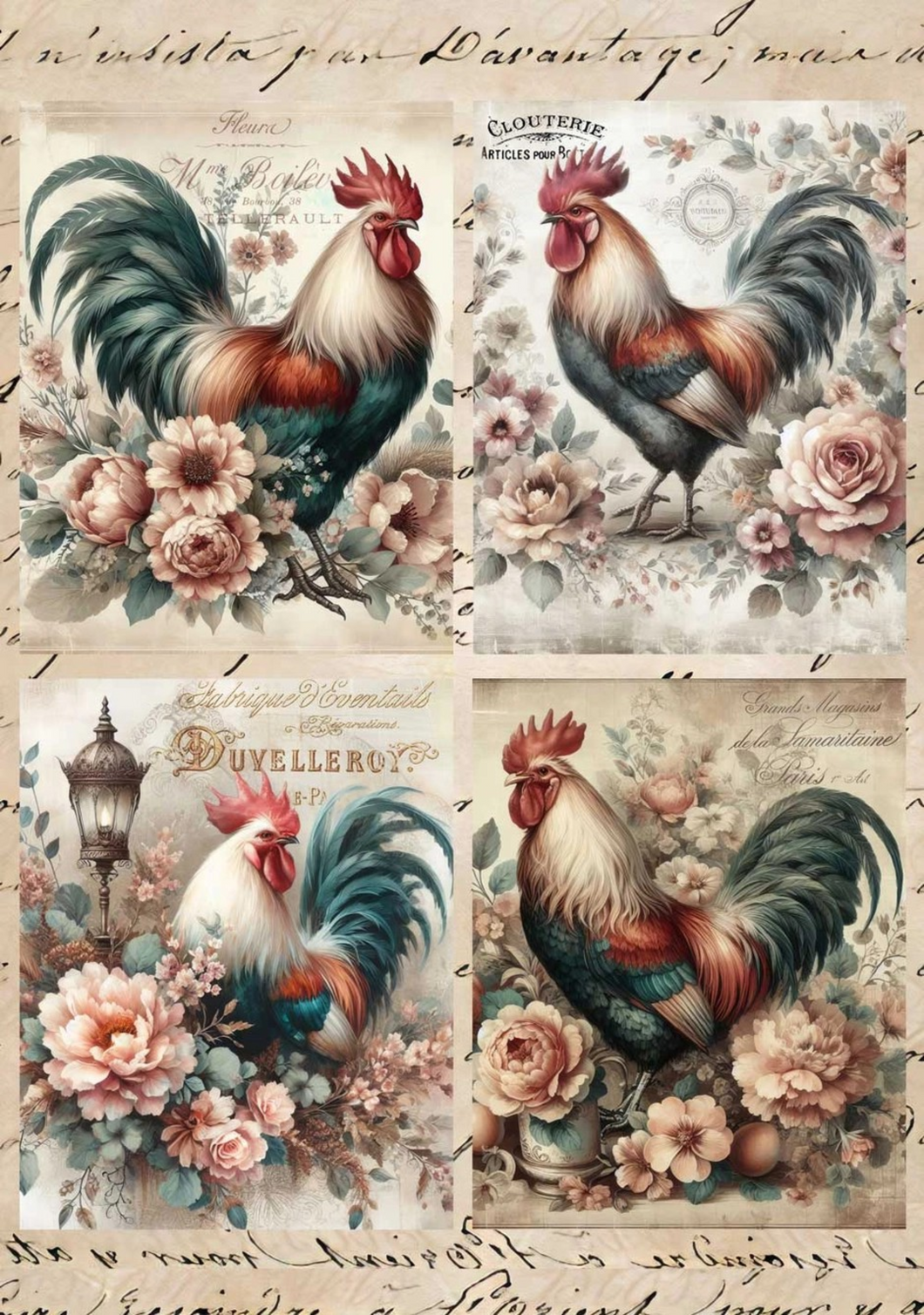Roosters in Flowers Rice Paper by European Excellency