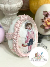Load image into Gallery viewer, Unfinished Wooden 2.50" Egg painted and decoupaged with Easter Minis Rice Paper with IOD Frames Mould Clay Castings 