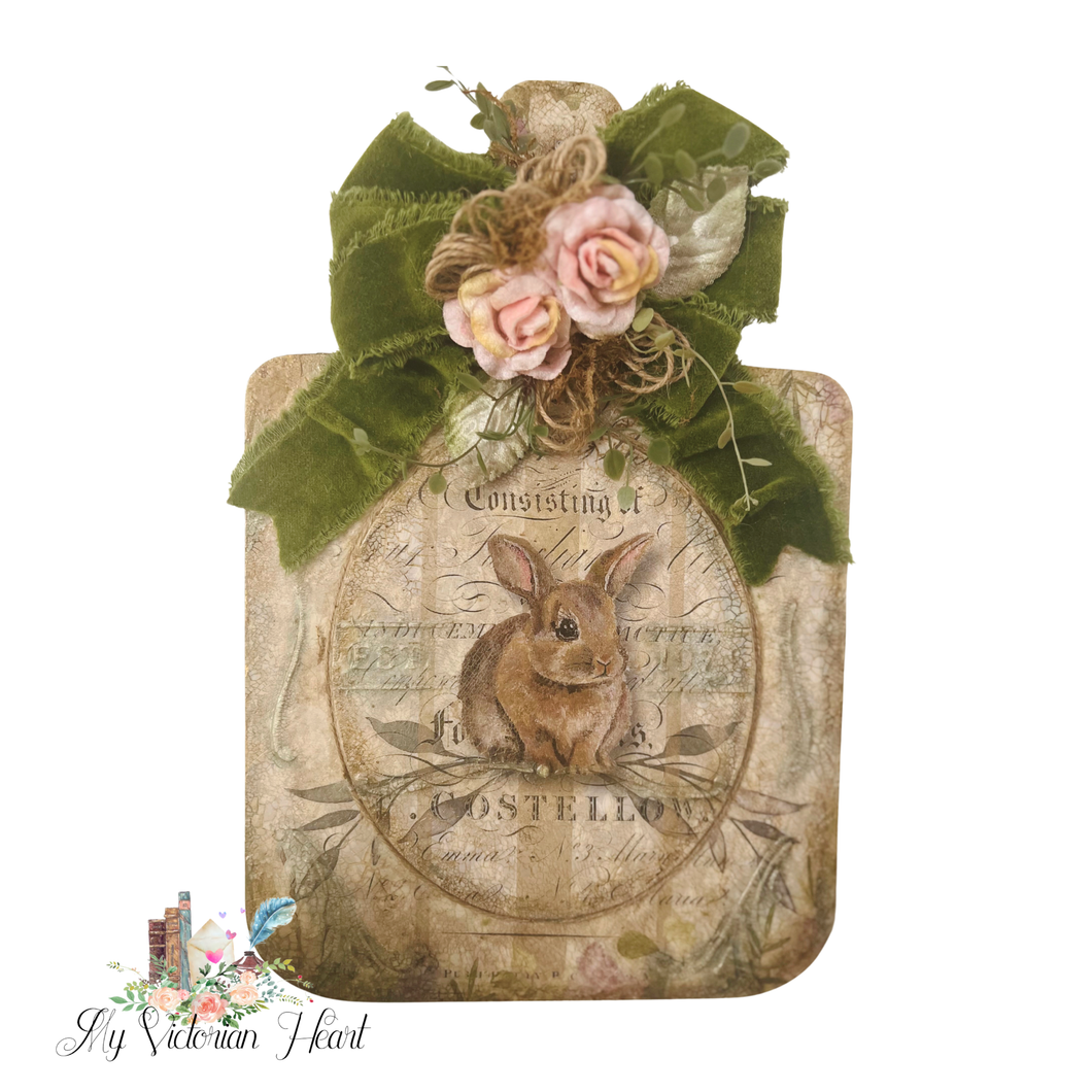 Farmhouse Grainsack Cutting Board Decor with Brown Brown Bunny and Green Cotton Velvet Bow and Antique Pink Velvet Roses